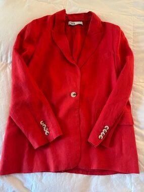 Zara Bright Red Women's Single-Button Blazer linen blend
